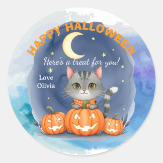 Pegatina Redonda Diseño halloween gato y calabazas personalizable