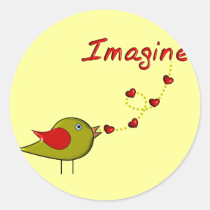 Pegatina Redonda Diseño "Imagine" de pájaros y corazones