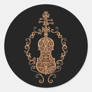Pegatina Redonda Diseño intrincado de violín marrón en negro