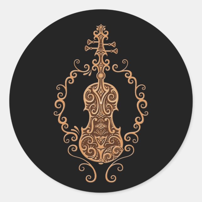 Pegatina Redonda Diseño intrincado de violín marrón en negro (Anverso)