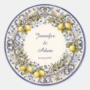 Pegatina Redonda Diseño italiano de mayólica con limones y aceituna