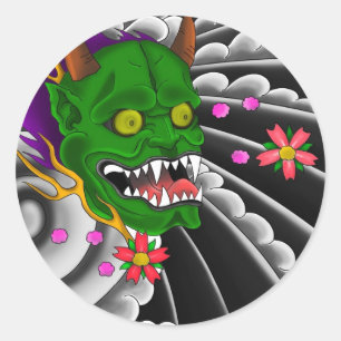 Pegatina Redonda diseño japonés del tatuaje de la máscara