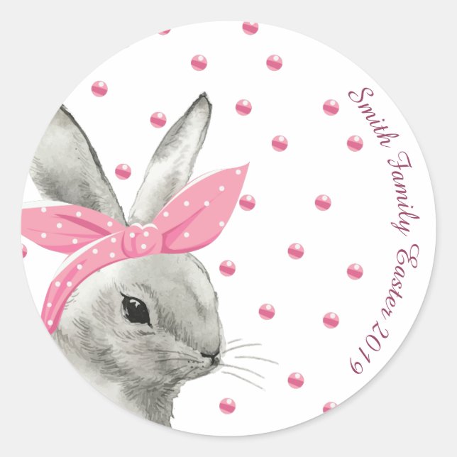 Pegatina Redonda Diseño lindo Bunny Pink Bow (Anverso)