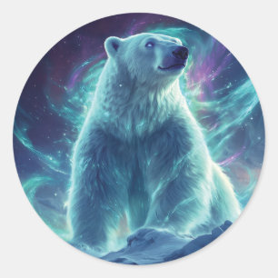 Pegatina Redonda Diseño majestuoso de oso polar con luces boreales