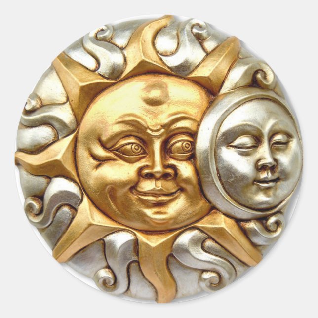 PEGATINA REDONDA DISEÑO METÁLICO DE LA FUSIÓN DEL SOL Y LA LUNA (Anverso)