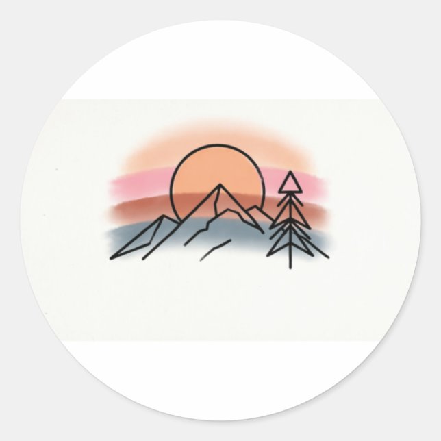 Pegatina Redonda Diseño Minimalista de Puesta de Sol en Montaña - A (Anverso)