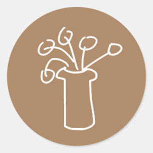 Pegatina Redonda Diseño moderno y sencillo de flor de contorno blan