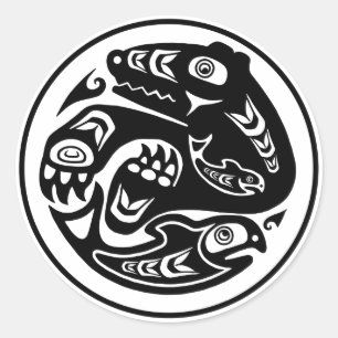 Pegatina Redonda Diseño nativo americano de oso y pescado