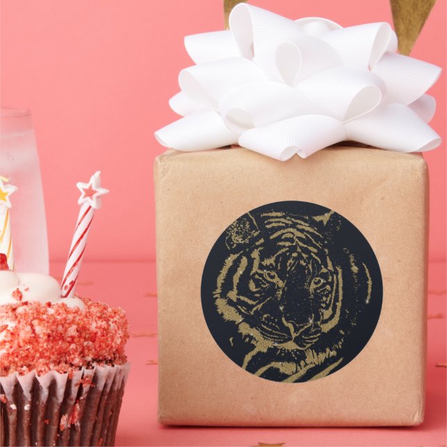 Pegatina Redonda Diseño negro del tigre de oro (Fiesta)