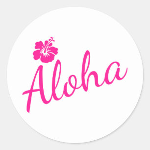 Pegatina Redonda Diseño original de texto rosa ALOHA y flor