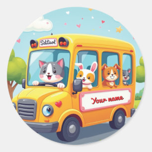 Pegatina Redonda Diseño personalizado de autobús escolar con animal