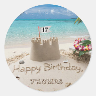 Pegatina Redonda Diseño personalizado de cumpleaños en la playa