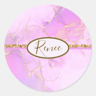 Pegatina Redonda Diseño purpurina de imitación de acuarela rosa
