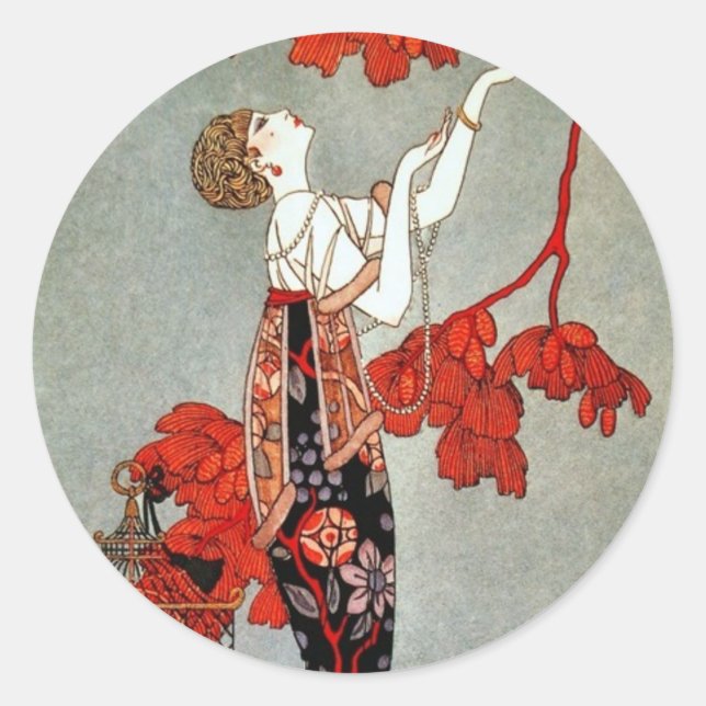 Pegatina Redonda Diseño Red Madame Art Deco (Anverso)