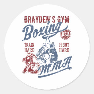 Pegatina Redonda Diseño Retro de Brayden's Gym Boxing Mma para el n