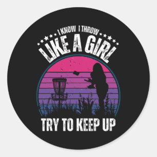 Pegatina Redonda Diseño Retro de Disc Golf para Mujeres y Chicas Di