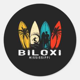 Pegatina Redonda Diseño Retro de Surfista de Biloxi Mississippi
