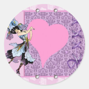 Pegatina Redonda Diseño rosa de hada de flores vintage bailando, po
