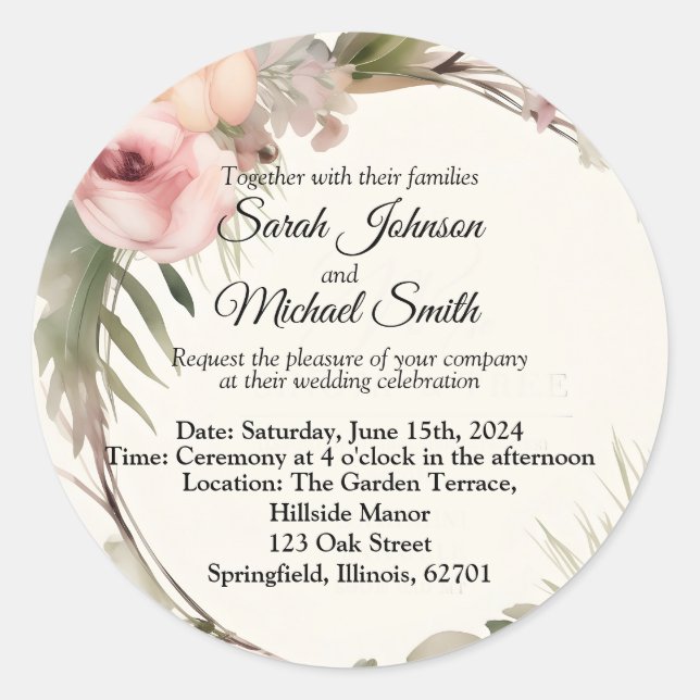 Pegatina Redonda Diseño suave, romántico, floral de la invitación a (Anverso)