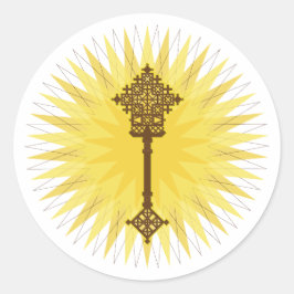 Pegatina Redonda Diseño tradicional de cruz de Etiopía marrón