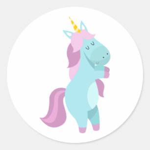 Pegatina Redonda Diseño unicornio de pasto azul y púrpura