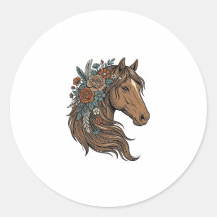 Pegatina Redonda diseño vectorial de cabeza de caballo floral vinta