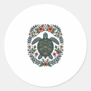 Pegatina Redonda Diseño vectorial floral de tortuga marina vintage_