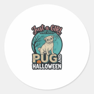 Pegatina Redonda Diseño vectorial vintage de niña pug Halloween_1