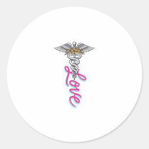 Pegatina Redonda Diseño Vertical Floral Caduceo de Enfermera Amor