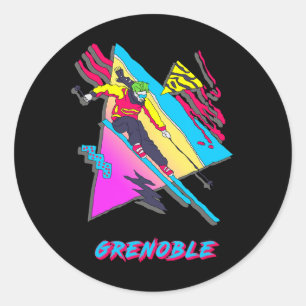 Pegatina Redonda Diseño vibrante de esquí con Grenoble Text Ski 