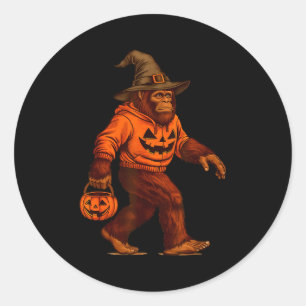 Pegatina Redonda Disfraz de Bigfoot Sasquatch para Halloween Truco 