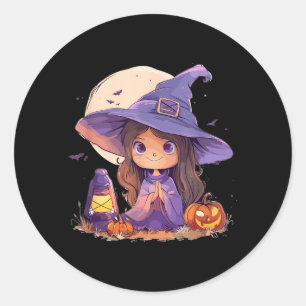 Pegatina Redonda Disfraz de Bruja Halloween Calabaza Siniestro Feli