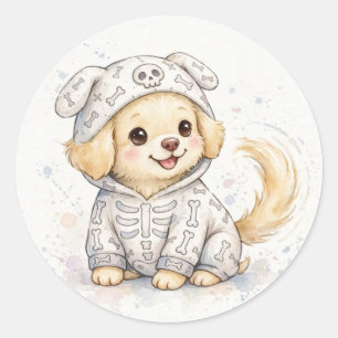 Pegatina Redonda Disfraz de esqueleto de cachorro dorado Halloween