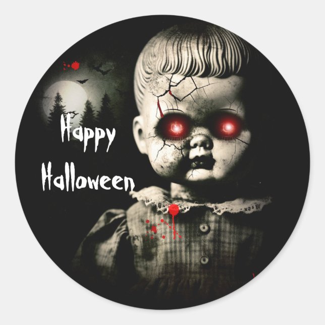 Pegatina Redonda Disfraz de fiesta de Halloween de muñeca embrujada (Anverso)
