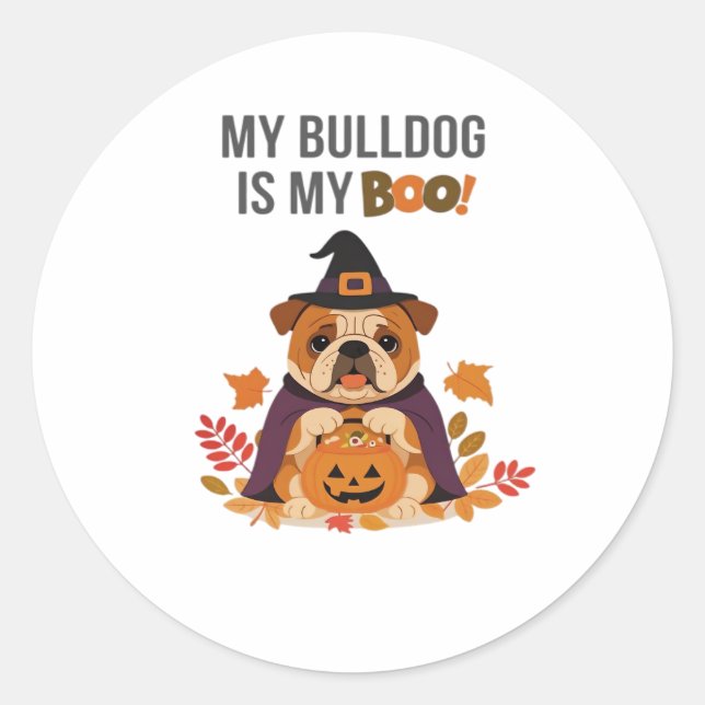 Pegatina Redonda Disfraz de Halloween bulldog Mi Bulldog es mi novi (Anverso)