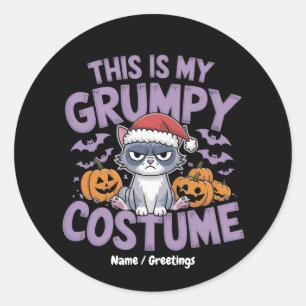 Pegatina Redonda Disfraz de Halloween de gato gruñón divertido anim