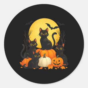 Pegatina Redonda Disfraz de Halloween de gato negro y calabaza para