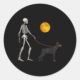 Pegatina Redonda Disfraz de Halloween de perro esqueleto Doberman c