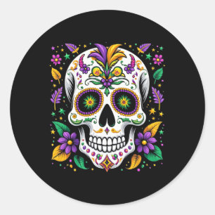 Pegatina Redonda Disfraz de Mardi Gras Calavera de Azúcar Carnaval