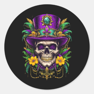 Pegatina Redonda Disfraz de Mardi Gras Calavera de Azúcar Carnaval 