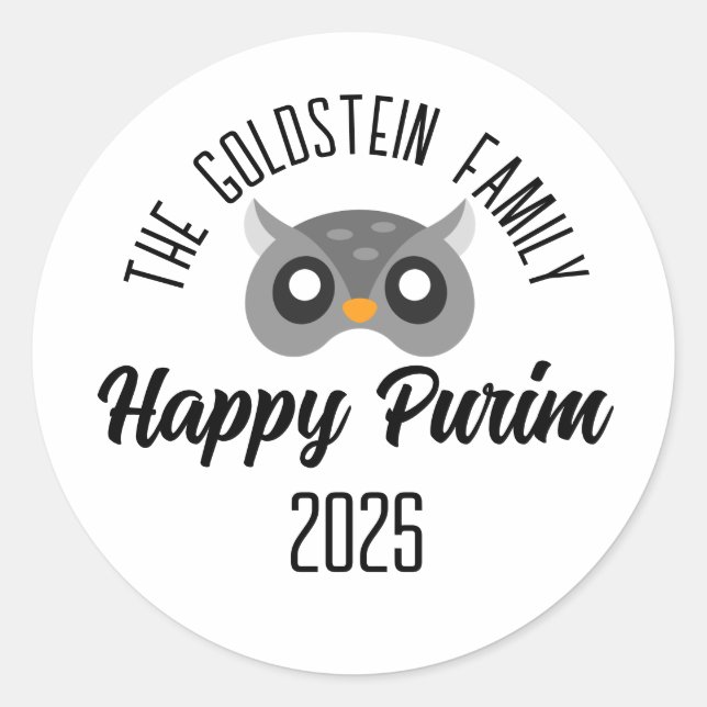 Pegatina Redonda Disfraz de máscaras de búho Purim (Anverso)