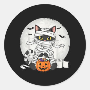 Pegatina Redonda Disfraz Divertido de Momia Gata Negra para Hallowe