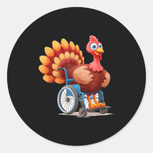 Pegatina Redonda Disfraz Feliz de Pavo en Silla de Ruedas para el D