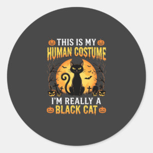 Pegatina Redonda Disfraz Humano de Halloween Gato Negro Cementerio