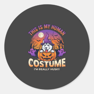 Pegatina Redonda Disfraz Humano Husky Calabaza Halloween Fantasmas_