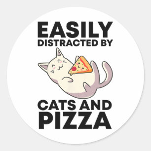 Pegatina Redonda Distraído Fácilmente Por Gatos Y Pizza Kawaii Cat