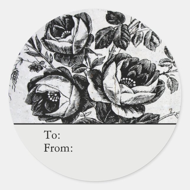 Pegatina Redonda Distressed B&W Roses Personalized To & From (Anverso)