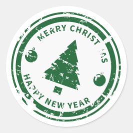 Pegatina Redonda Distressed Stamp Green Holiday Christmas Tree