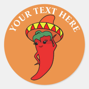 Pegatina Redonda Diva Kawaii Pimienta Roja Caliente Sombrero Mexica