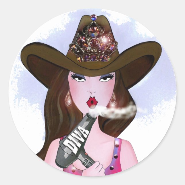 Pegatina Redonda "Diva of a Cowgirl" (Anverso)